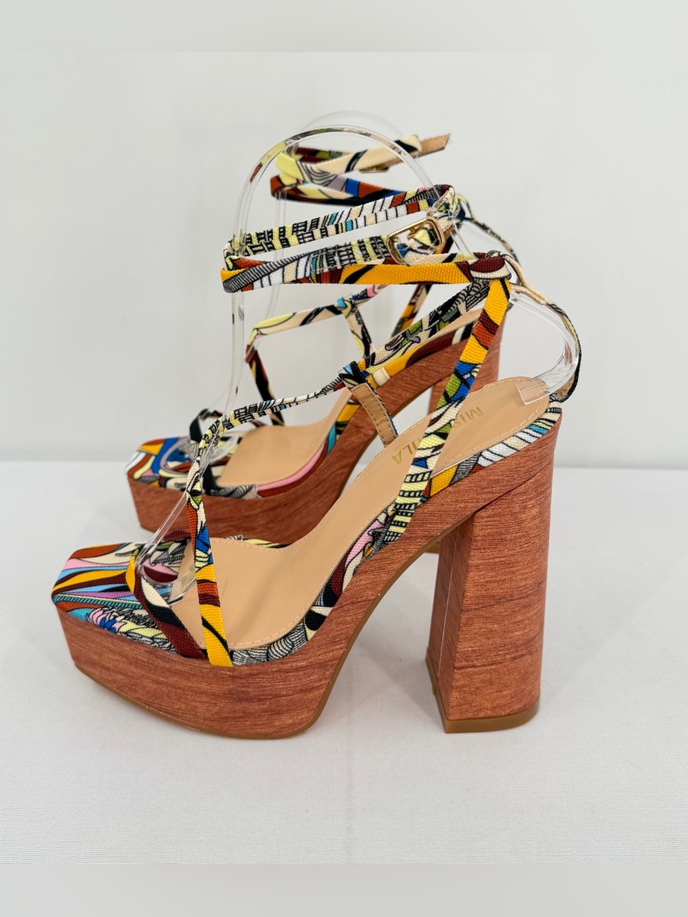 Resort Platform faux wood Block Heel Sandals Multicolor Vacation Heels 6.5 - Picture 9 of 13